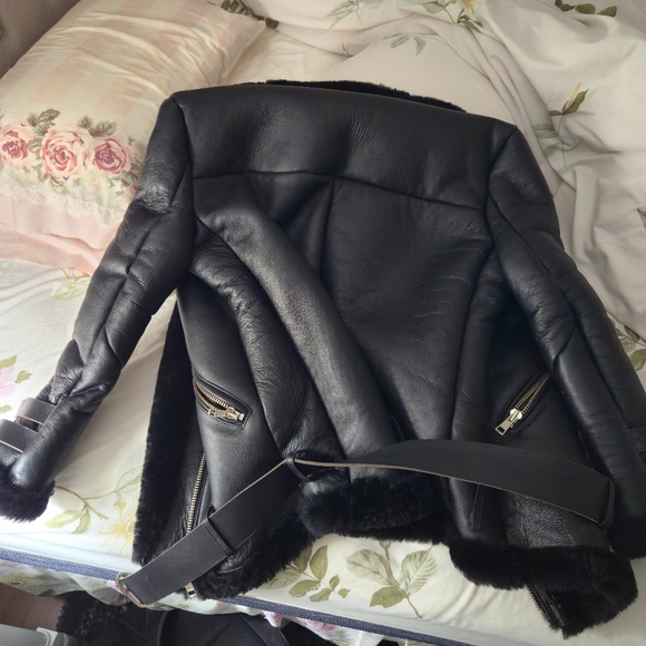 shearling leather black oversized goth moto jacket belt buckle sheepskin S - Picture 4 of 6